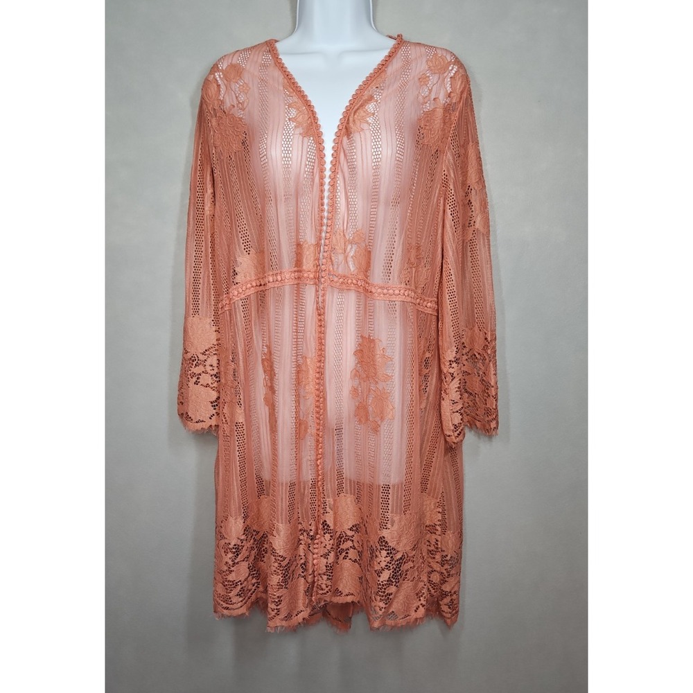 Miss Chievous Womens Pink Sheer Lace Open Front Longline Cardigan Size Large